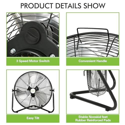 hykolity 4600 CFM 20" High Velocity Floor Fan, 3-Speed Heavy Duty Metal Fan with Wall-Mounting System, Industrial Shop Fan for Commercial, Garage, Greenhouse, 2 Pack