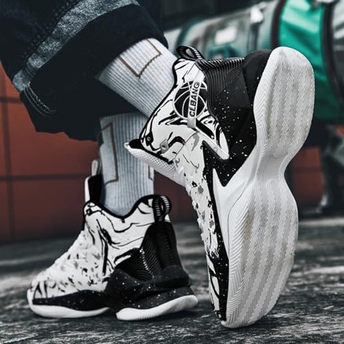 Qiucdzi Men's Basketball Shoes Non-Slip Breathable Outdoor Sneakers Fashion Graffiti Outdoor Sports Training Shoes for Running Walking Black
