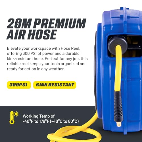 Goodyear Air Hose Reel Retractable 3/8" Inch x 65' Feet Hybrid Polymer Hose