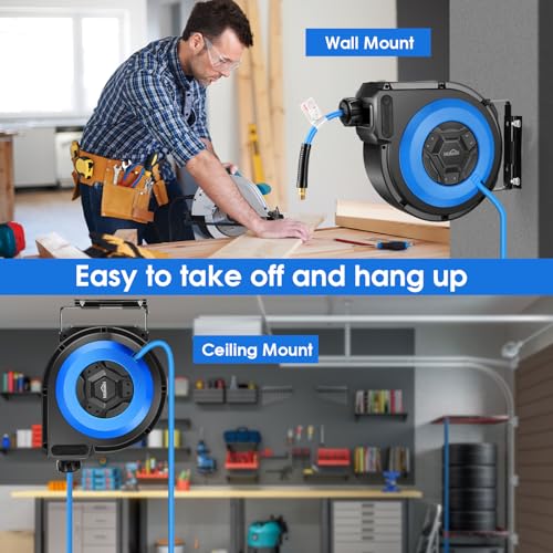 Himimi 50FT + 6.6FT Retractable Air Hose Reel, Ceiling/Wall Mount Penumatic Hose Reel for Garage Workshop, Auto Rewind, 3/8" x 50' Hybrid Air Hose Reel with Brass Fittings + Bend Restrictors, 300PSI