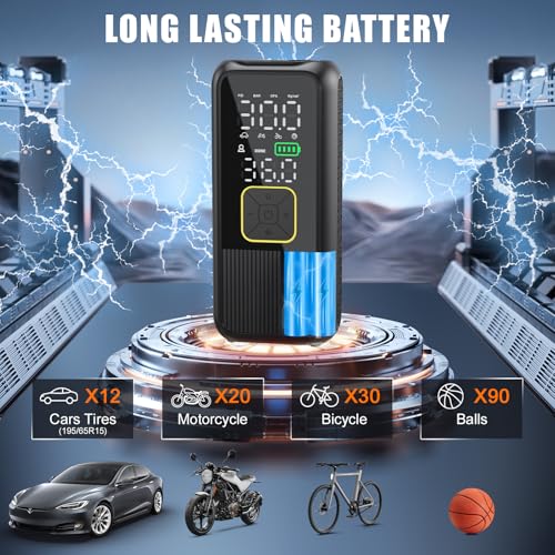 Pwperry Tire Inflator Portable Air Compressor, 4X Faster 150PSI Smart Air Pump for Car Tires with Digital Pressure Gauge, Portable Fast Tire Inflator for Car, Bike, Motorcycle, Balls