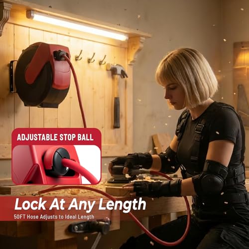 BreezeReel Retractable Air Hose Reel, 50ft x 3/8" Hybrid Air Hose Max 300PSI, Air Compressor Hose Reel, Auto Rewind & 180° Swivel - Wall/Ceiling Mount for Workshops