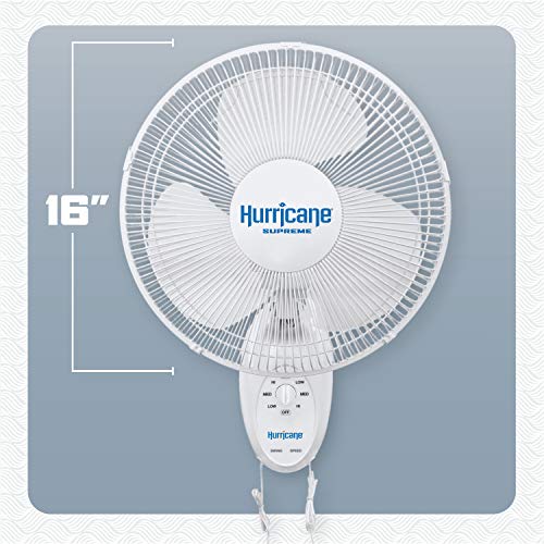 Hurricane Supreme Oscillating Wall Fan, 3 Speeds, White - 16in