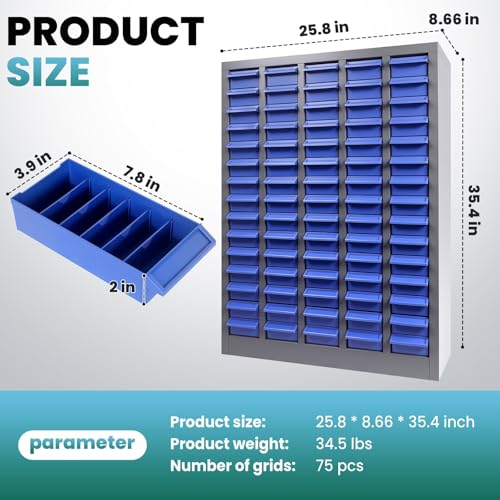 75 Drawers Parts Cabinet with Label Stickers, Nut and Bolt Organizer with ABS Material Drawers, Bolt Bin Storage Cabinet for Screws, Bolts, Nuts in Workshop, Garage, Office (75 Drawers)