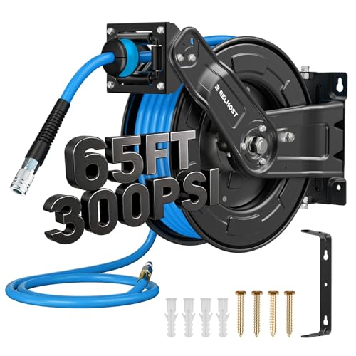 Relhost Retractable Air Hose Reel, 65 ft x 3/8 in Hybrid Air Hose Max 300PSI, Heavy Duty Air Compressor Hose Reel with Dual Arms, Auto Rewind, 180° Swivel Ceiling/Wall Mount for Garages, Workshops