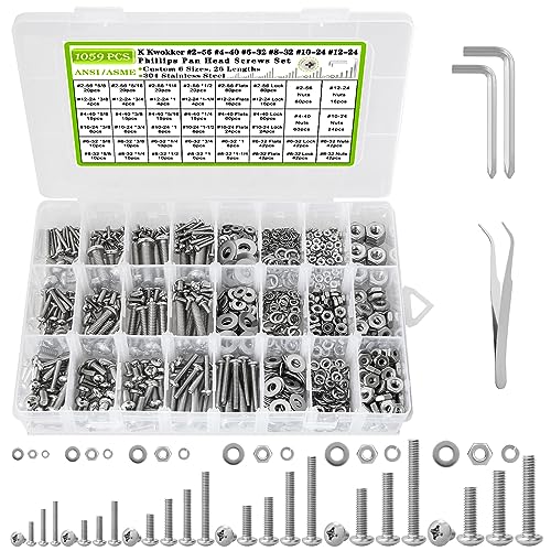 1059Pcs Nuts and Bolts Assortment Kit Phillips Pan Head #2-56#4-40#6-32#8-32#10-24#12-24 Machine Screws, K Kwokker 26 Sizes 304 Stainless Steel Screws Nut and Bolt Assortment with Screw Organizer