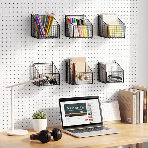 LOYIM 6 Pcs Black Pegboard Baskets Kit Metal Wire Peg Board Shelf Baskets Pegboard Organizer Accessories Bin Set Wall Mount Storage Attachments for Tool Storage Craft Room Garage Small Parts Workbench