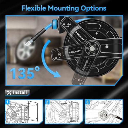 Retractable Air Hose Reel, 50 ft x 3/8 in Hybrid Air Hose (300PSI), Heavy Duty Compressor Hose Reel, Auto Rewind -Wall/Ceiling Mount for Workshops