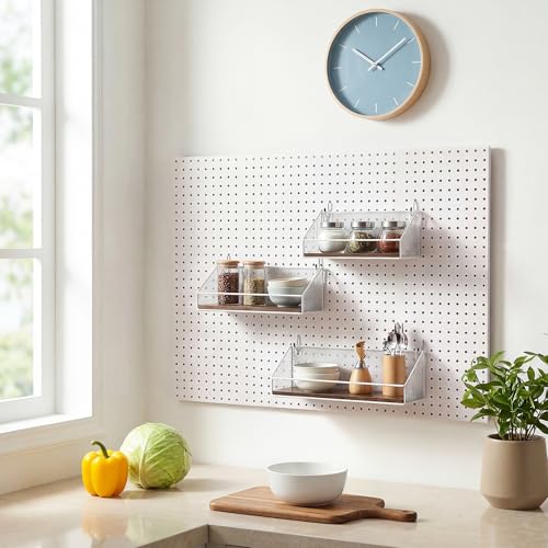 Ferrochef 3 Pack Pegboard Accessories Home Office Pegboard Organizer Baskets and Wood Shelves with Hook Peg Board Grid Wall Basket Fences Tool Storage Display for Kitchen Bathroom Garage(White)