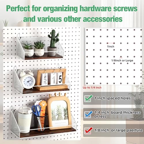 Ferrochef 3 Pack Pegboard Accessories Home Office Pegboard Organizer Baskets and Wood Shelves with Hook Peg Board Grid Wall Basket Fences Tool Storage Display for Kitchen Bathroom Garage(White)