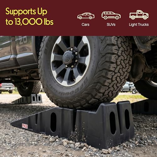 Pyle Heavy Duty Vehicle Ramps | 13000 lb Capacity Car Ramps for Low Clearance Vehicles with 6.3 Inch Lift and 17° Incline | Portable Non-Skid Car Ramps for Oil Changes, 2-Pack, Black.