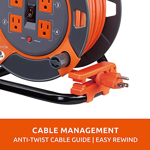 Link2Home Cord Reel 60 ft. Extension Cord 4 Power Outlets – 14 AWG SJTW Cable. Heavy Duty High Visibility Power Cord.