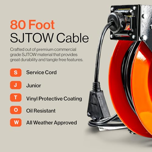 SuperHandy 12AWG x 80 ft Retractable Steel Extension Cord Reel