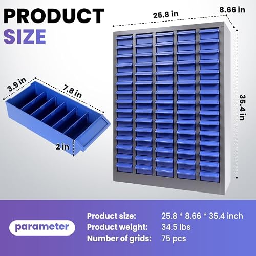 75-Drawer Bolt Bin Cabinet with Label Holders and Dividers, Nuts and Bolts Organizer for Screws, Fasteners and Small Hardware, Parts Storage for Garage, Workshop, Home Office