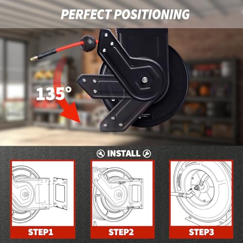 CRAFTZONE Retractable Air Hose Reel 50 FT | 300 PSI Air Compressor Hose Reel | 3/8 Hybrid Polymer Hose | Heavy-Duty Steel Wall Mount Swivel Bracket|Auto Rewind | All-Weather Retractable Air Hose - Red