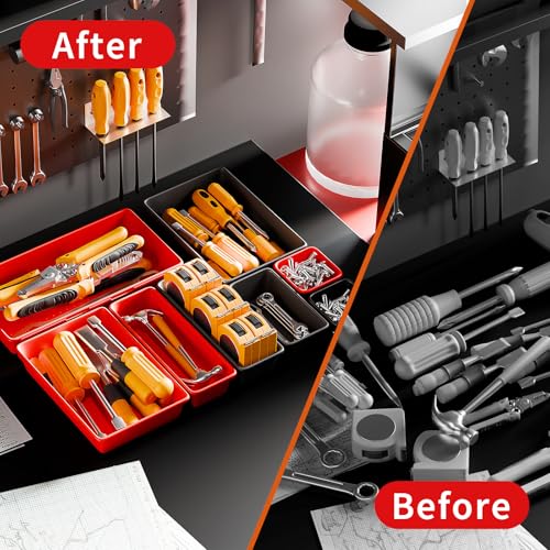 FLYVOLE 69 PCS & 5 Sizes Tool Box Organizer Trays, Black and Red