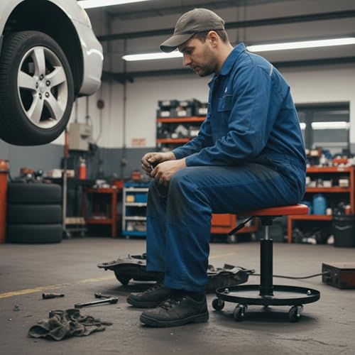 QCUNMAG Mechanic Stool, 300 LBS Rolling Pneumatic Creeper Garage/Shop Seat, Adjustable Height Padded Rolling Workshop Stool with Tool Tray, for Garage, Shop, Auto Repair (Red)