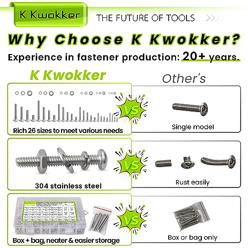 1059Pcs Nuts and Bolts Assortment Kit Phillips Pan Head #2-56#4-40#6-32#8-32#10-24#12-24 Machine Screws, K Kwokker 26 Sizes 304 Stainless Steel Screws Nut and Bolt Assortment with Screw Organizer