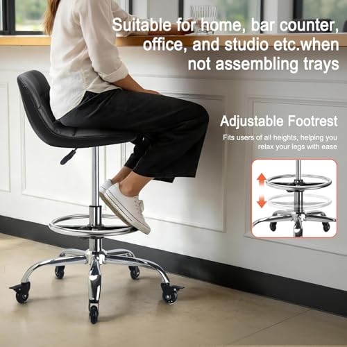 LWADALN Rolling Shop Stool Mechanics Rolling Chair with Backrest, Adjustable Height Heavy Duty Garage Stool with Footrest and Storage Tray, Swivel Task Chair for Workshop (Black-with Tool Tray)