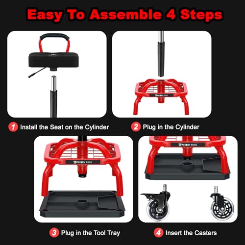 FREEKYROCK Rolling Shop Stool with Wheels, Garage Mechanic Shop Chair with Handle Backrest, Adjustable Height Work Stool, Roller Seat with Tool Tray Storage, Heavy Duty, 330 LBS Capacity, Red