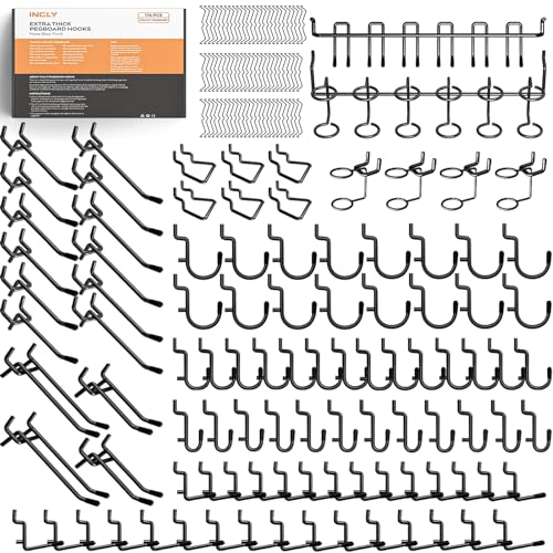 INCLY 176PCS Black Pegboard Hooks with Peg Locks, 1/4" Heavy Duty Metal