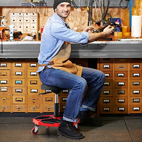 Goplus Rolling Garage Stool, 16”-22” Adjustable Mechanic Stool with Universal Wheels, Removable Magnetic Tool Tray, 2” Thick Padded Cushion, 330LBS Capacity, Roller Creeper Seat, Shop Chair