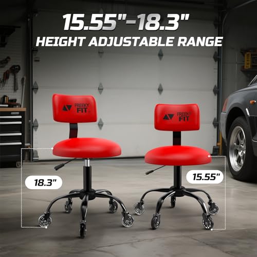 FreekyFit Rolling Shop Stool with Wheels, Mechanic Garage Short Stool Chair with Adjustable Height 15.55"-18.3", Heavy Duty Swivel Roller Seat for Garage, Salon and Tattoo Beauty, Red