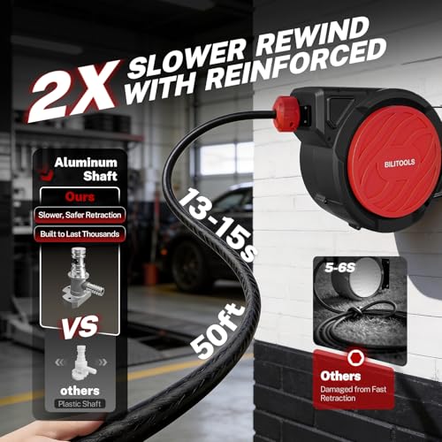 BILITOOLS Retractable Air Hose Reel 3/8" x 50FT Max 300PSI Auto Rewind