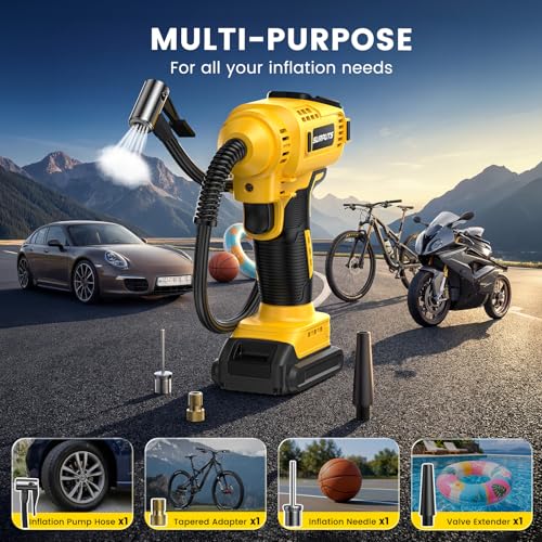 SURPUTS Tire Inflator Air Compressor Compatible with Dewalt 20V Battery, 150PSI Cordless Portable Air Pump with Digital & Auto Shut-Off, LED Light for Car Motorcycles Bike Ball (Tool Only) (Yellow)