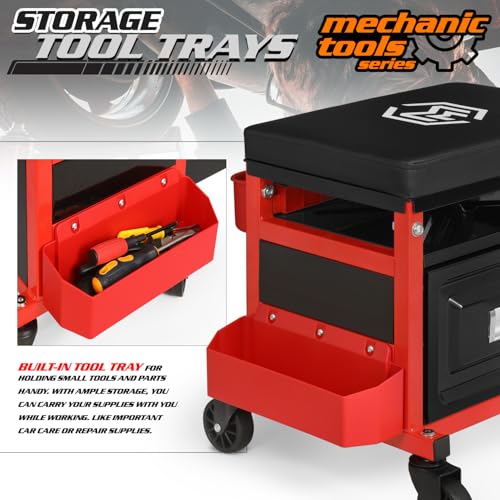 M-AUTO Mechanic Stool Garage Rolling Tool Chest Seat w/Drawer & Tray, 350LBS Capacity Multi-Function Adjustable Height Mechanic Creeper Seat for Projects Inside The Garage and Workshop, Red