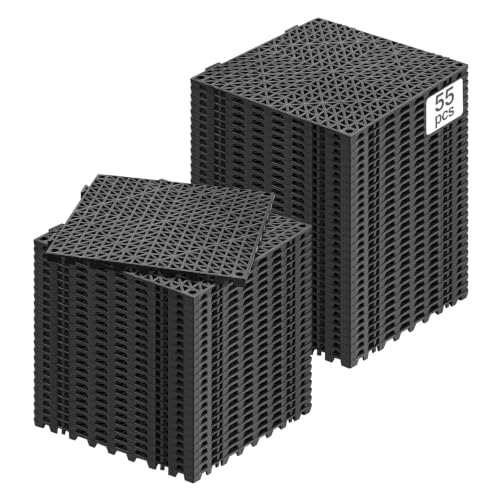 VEVOR Interlocking Tile 55PCS Black, Drainage Tiles 12" x 12" Splicing, Soft PVC Interlocking Drainage Floor Tiles, Non-Slip Drainage Holes for Restroom, Bathroom, Kitchen, Pool, Wet Areas