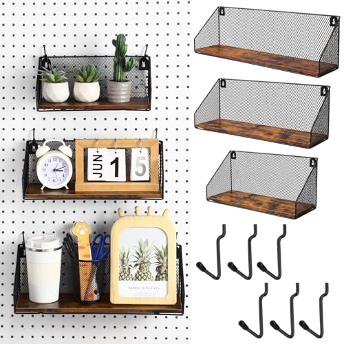 Ferrochef 3 Pack Pegboard Shelves with Hooks, Wall Mounted Grid Shelves, Pegboard Organizer Bins with Wooden Base, Heavy Duty Peg Board Storage Accessories for Kitchen, Bathroom, Garage, Office(Black)