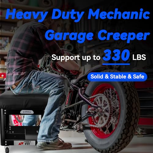 FreekyFit Rolling Creeper Garage Shop Seat for Men, Padded Mechanics Stool with Tool Tray Storage for Garage, Rolling Workshop Stool with Wheels, Auto Creeper Seat, 330 LBS Capacity, Heavy Duty, Black