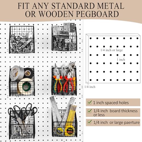 LOYIM 6 Pcs Black Pegboard Baskets Kit Metal Wire Peg Board Shelf Baskets Pegboard Organizer Accessories Bin Set Wall Mount Storage Attachments for Tool Storage Craft Room Garage Small Parts Workbench