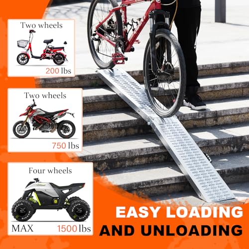 Arejonner 72.5" Heavy Duty Folding Loading Ramps, 1500lb Capacity, Ideal for Motorcycles, Lawn Mowers, ATVs, UTVs, and More – Pack of 2 with Safety Straps and Gloves