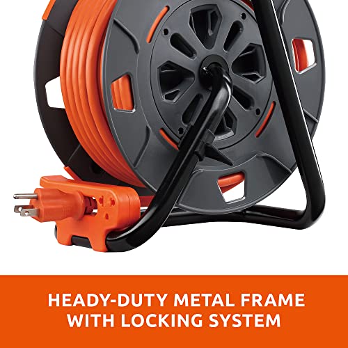 Link2Home Cord Reel 60 ft. Extension Cord 4 Power Outlets – 14 AWG SJTW Cable. Heavy Duty High Visibility Power Cord.