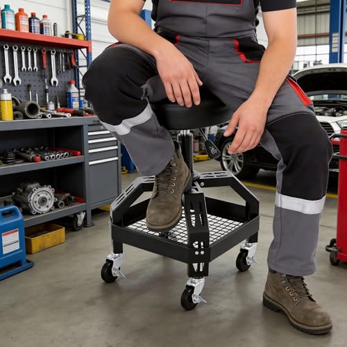 Frassie Rolling Mechanic Stool Garage Seat with Tool Tray, Height Adjustable 25.2"-29.1" Shop Stool with Brake Wheels for Auto Repair Workshop Steel Frame 300LBS Capacity