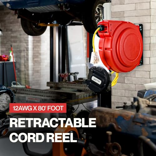 ReelWorks Extension Cord Reel Retractable Longest Industrial 12awg x 80' Foot Commercial Premium Grade Ultra Flexible 3C/SJTOW Glow Strip Cable and Led Light Up Triple Tap Connector Use Indoor/Outdoor