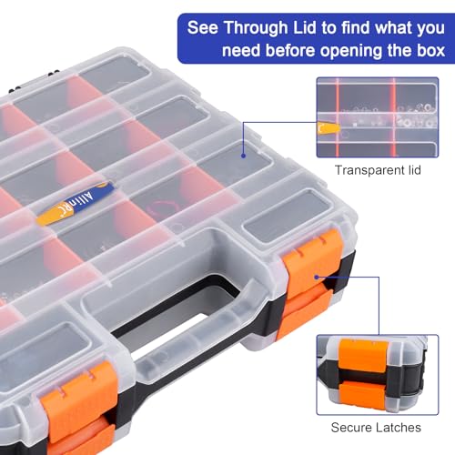 AllinRC Small Parts Organizer Double Sided Parts Organizer with Removable Dividers 34-Compartments Storage Bins for Hardware, Screws, Nuts, Bolts, Washers, Nails, Fasteners, Tools