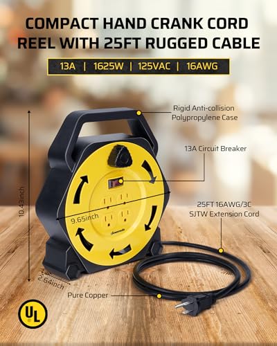 DEWENWILS 25FT Extension Cord Reel, Hand Wind Retractable Cord Reel