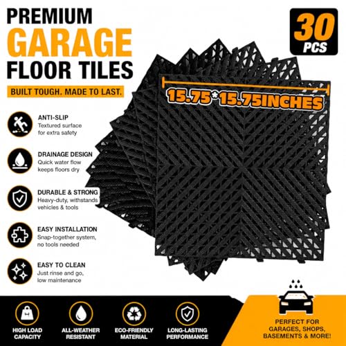 30-Pack 15.75" x 15.75" Interlocking Garage Floor Tiles, Heavy Duty Non-Slip Drainage Mats for Garage, Patio, Deck, RV, Campsite & Outdoor Use, Black