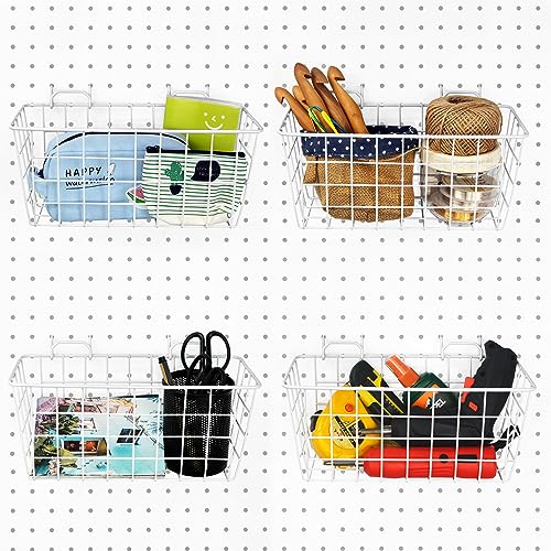 Pegboard Baskets 4 Pack Peg Board Metal Shelves Organizers (Medium, White)