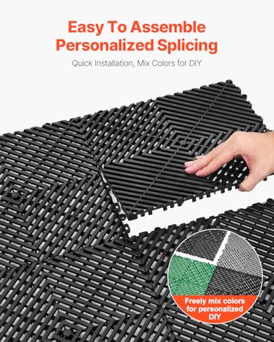 VEVOR Interlocking Drainage Mat, 12” x 12” Modular Interlocking Cushion, 40 Pcs Splicing Drainage Mats, Non-Slip PP Drainage Floor Tile and Shower Mat, for Garage, Garden, Kitchen & Outdoor, Black