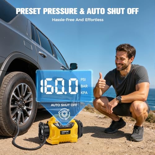 3X Faster Cordless Tire Inflator Air Compressor Pump Compatible With Dewalt 20V Battery, LIVOWALNY 160PSI 12V DC/20V DC with Pressure Gauge & Deflator for Car, Pickup, Air Mattresses (Tool Only)