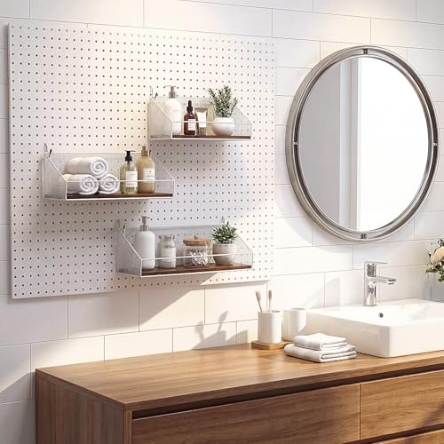 Ferrochef 3 Pack Pegboard Accessories Home Office Pegboard Organizer Baskets and Wood Shelves with Hook Peg Board Grid Wall Basket Fences Tool Storage Display for Kitchen Bathroom Garage(White)