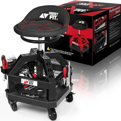 FreekyFit Rolling Shop Stool for Garage with Casters, DO02-Adjustable Height 360° Swivel Shop Seat with Tool Tray Storage, 330 LBS Capacity Padded Mechanic Stool, Magnetic Tool Hold, Heavy Duty, Black