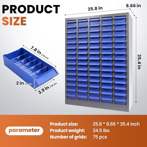 Nut and Bolt Storage Cabinet with ABS Drawer,Steel Small Parts Storage Organizer,36" H X 9" D X26 W Screw Organization for Hardware,Nails,Fastener,Bolts,Nuts,and More,Blue Drawers (75 ABS Drawers)
