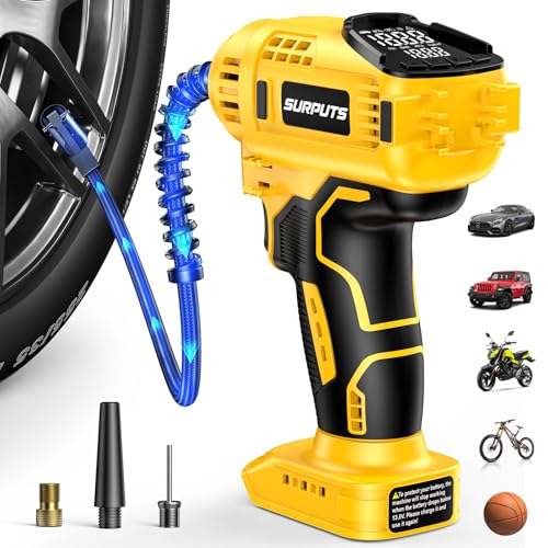 SURPUTS Tire Inflator Air Compressor Compatible with Dewalt 20V Battery, 150PSI Cordless Portable Air Pump with Digital & Auto Shut-Off, LED Light for Car Motorcycles Bike Ball (Tool Only) (Yellow)