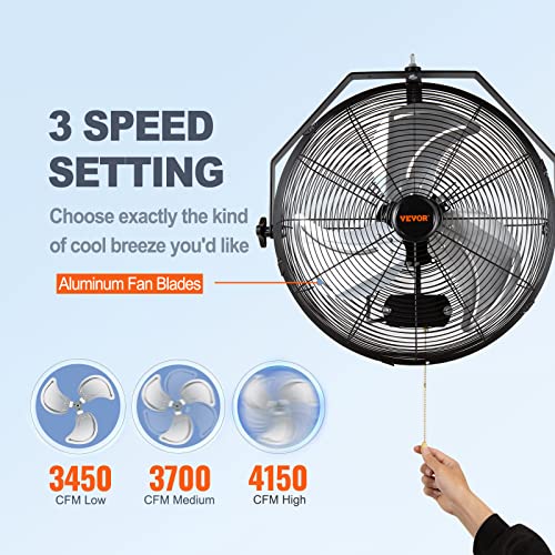 VEVOR Wall Mount Fan, 18 Inch 4150 CFM, 3-speed Wall Mounted Metal Fan
