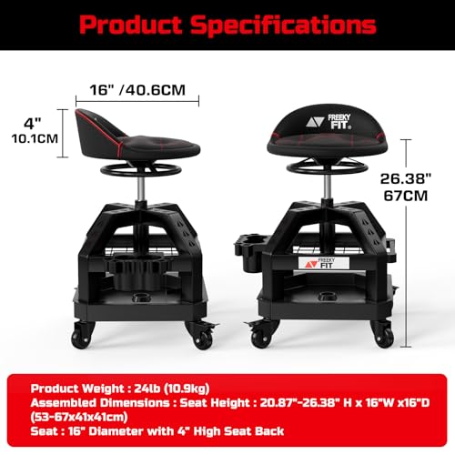 FreekyFit Rolling Shop Stool for Garage with Casters, DO02-Adjustable Height 360° Swivel Shop Seat with Tool Tray Storage, 330 LBS Capacity Padded Mechanic Stool, Magnetic Tool Hold, Heavy Duty, Black